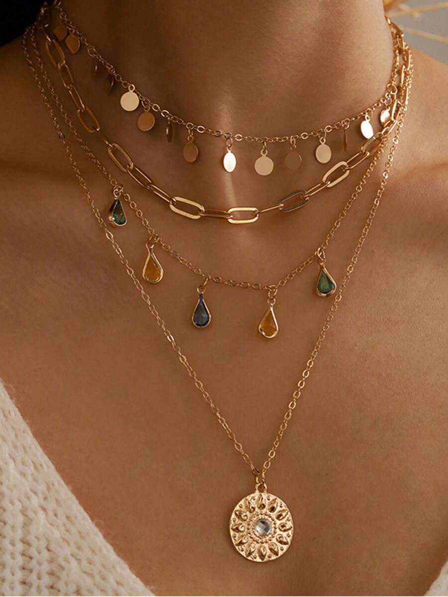 1 件波西米亚风格几何圆形亮片流苏多层水晶链项链女款 - 金色 - 查看 1