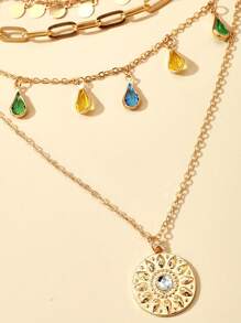 1 件波西米亚风格几何圆形亮片流苏多层水晶链项链女款 - 金色 - 查看 5