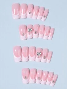 24 件 3D 凝胶指甲，中号方形白色法式按压指甲，中号 3D 凝胶指甲，带水钻设计，完美贴合亚克力假指甲套装，包含 1 件果冻胶和 1 件指甲锉，易于佩戴，亚克力法式尖头指甲，适合女士女孩日常工作节日派对使用美甲用品 - 彩色 - 查看 3