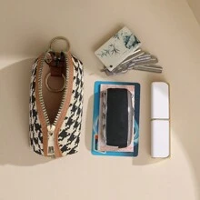 1 pieza Monedero portallaves de lona con gran capacidad, organizador universal y compacto, con estampado a cuadros elegante y minimalista, adorable portallaves para el hogar y viajes, regalo perfecto para amigos, útiles escolares para mujeres, billetera, monedero mini, cartera, monedero para monedas - Marrón - Ver 5