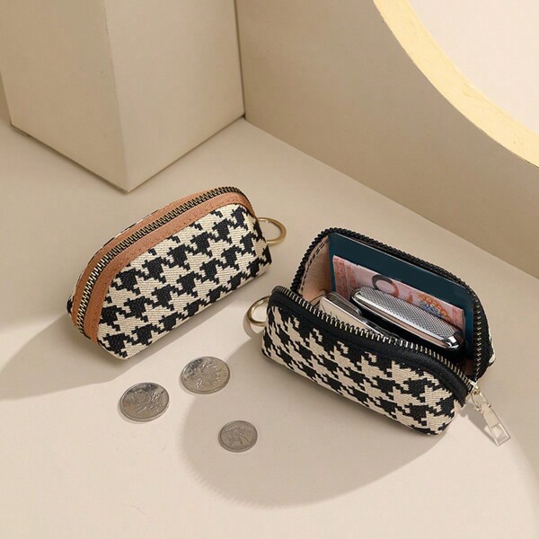 1pc Canvas Houndstooth Pattern Keychain Wallet Unisex Large Capacity Simple & Cute Key Pouch Great Gift Wallet Small Case For Women Wallet Mini Wallet Purse Wallet Coin Wallet