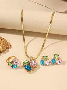 1 bộ trang sức mặt dây chuyền tam giác bằng hợp kim đồng mạ vàng sang trọng cổ điển, phù hợp cho phụ nữ đeo hàng ngày và làm quà tặng lễ hội - Vàng - Xem 2