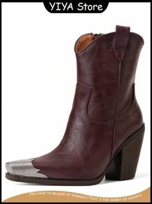 YIYA Engraved Metal Toe Western Boots For Woman Chunky Heel Cowgirl Booties Side Zip Ankle Western Boots - 棕色 - 查看 3