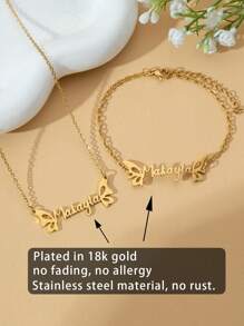 Personalized Stainless Steel Butterfly Jewelry Set With Customized Name Necklace And Bracelet, Gold Plated Alphabet Initial Nameplate Family Member Jewelry, Perfect Gift For Christmas For Her Girlfriend, Mom, Family, Friends, Daughter, Her, Grandparents For Anniversaries, For Birthdays, For Daily Wear, For Prom, For Mother's Day, For Valentine's Day, For Graduation, For Weddings,New Year Glamour - Gold - View 3
