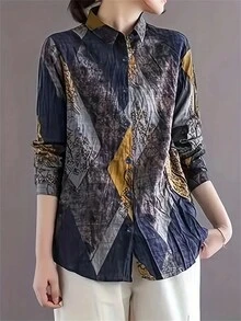 女式休闲花卉印花拼布长袖衬衫，春秋季 - 彩色 - 查看 4