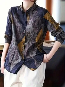 女式休闲花卉印花拼布长袖衬衫，春秋季 - 彩色 - 查看 1