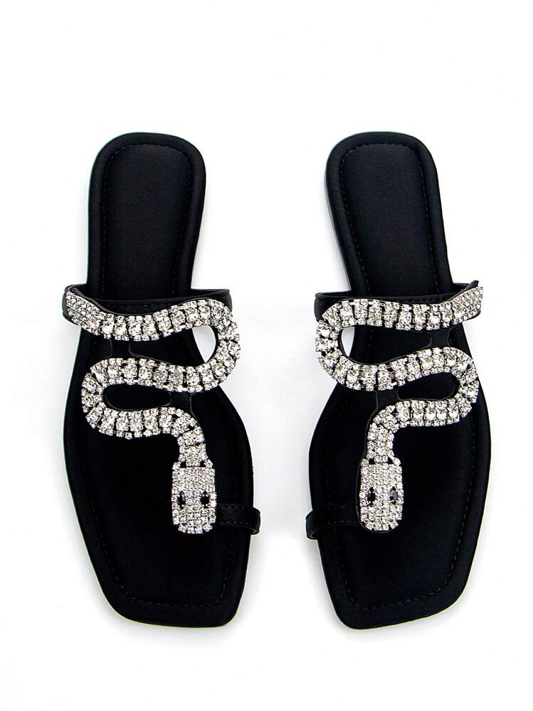 Women's Glamorous 3D Snake Crystal Chain Decorated Black Lycra Comfortable Square Toe Slip-On Flat Mule Sandals For Daily Wear & Party Valentines,Spring Summer Outfits - Black - View 3