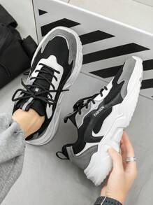 Men's Fashion Letter Print Solid Color Leather & Mesh Lace-Up Low Top Sneakers, Personality Versatile Outdoor Casual Comfortable Running Shoes