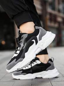 Men's Fashion Letter Print Solid Color Leather & Mesh Lace-Up Low Top Sneakers, Personality Versatile Outdoor Casual Comfortable Running Shoes