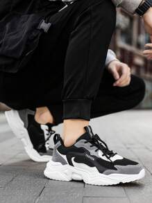 Men's Fashion Letter Print Solid Color Leather & Mesh Lace-Up Low Top Sneakers, Personality Versatile Outdoor Casual Comfortable Running Shoes