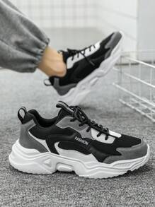 Men's Fashion Letter Print Solid Color Leather & Mesh Lace-Up Low Top Sneakers, Personality Versatile Outdoor Casual Comfortable Running Shoes