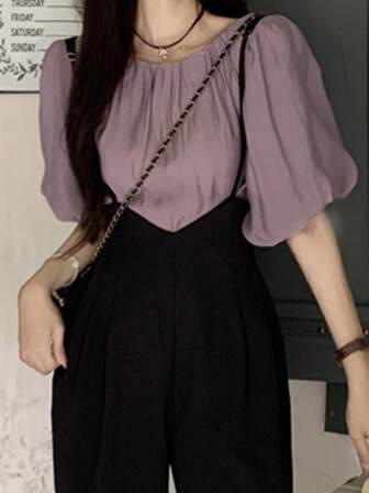 2025 泡泡袖法式套头衫修身女士时尚衬衫，短袖