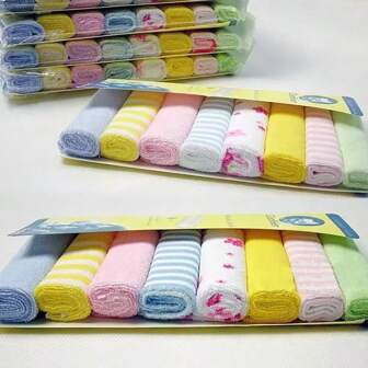 8 件装婴儿毛巾柔软面巾，婴儿浴巾喂奶口水巾拍嗝巾围兜手帕婴儿洗澡礼物-随机图案（颜色随机）