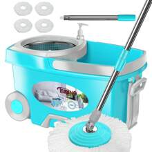 Tsmine FunClean Spin Mop And Bucket,360 Spinning Mopping Floor Cleaning Tool With 4 Microfiber Replacement Head Refills,Mop And Bucket With Wringer Set For Home,61" Extended Handle, 2X Wheel