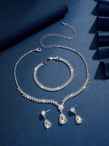 4/3pcs Women Simple Elegant Water Drop Pendant Necklace, Earrings, Bracelet Jewelry Set, Bridal Wedding Dress/Gown Accessory, Party/Daily Wear - Multicolor - View 3
