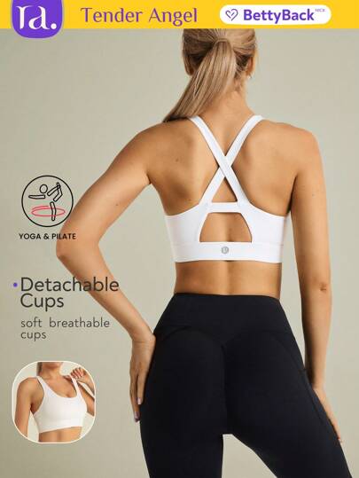 Tender Angel Women Sports Bra Top For Yoga, Running, Fitness And Workout, With Removable Pads And Cross Back Design, Summer Gym Top White Spring