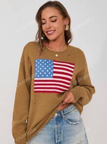 Gebreide trui met vlagpatroon in de herfst/winter, modieuze casual noodlijdende losse oversized trui voor dames