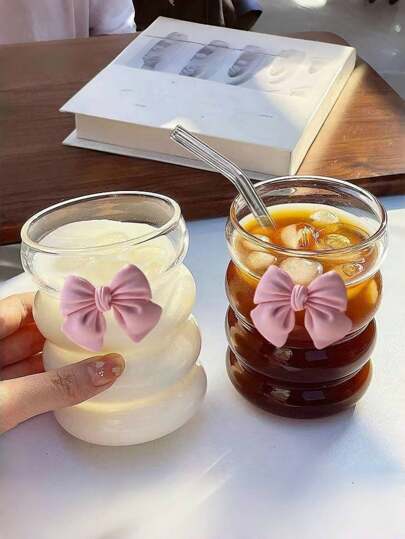 1/2/4pcs 350ml Pink Bowknot Glass Coffee Cup, Coffee Glass Cup, High-Quality Drinking Glass For Cold Drinks, Milk Tea, Suitable For Home, Office Use