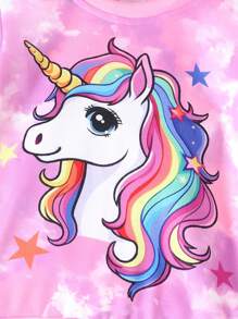 2pcs/Set Young Girls Tie-Dye Unicorn Print Long Sleeve Sweatshirt And Tie-Dye Unicorn Print Pants, Autumn/Winter