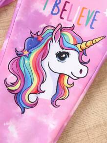 2pcs/Set Young Girls Tie-Dye Unicorn Print Long Sleeve Sweatshirt And Tie-Dye Unicorn Print Pants, Autumn/Winter