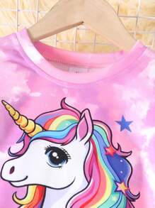2pcs/Set Young Girls Tie-Dye Unicorn Print Long Sleeve Sweatshirt And Tie-Dye Unicorn Print Pants, Autumn/Winter