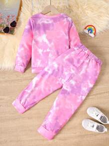2pcs/Set Young Girls Tie-Dye Unicorn Print Long Sleeve Sweatshirt And Tie-Dye Unicorn Print Pants, Autumn/Winter