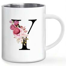 1PC, Letter Flower Print A-Z Double Wall Coffee Mug, Stainless Steel Cups, Novelty Metal Coffee Mug Gifts For Men, Monogrammed Gifts For Women, Christmas Gifts, Birthday Gift, 11 OZ White Back To School - Multicolor - View 17