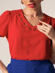 Red Leaf Hollow V Blouse - Đỏ - Xem 2