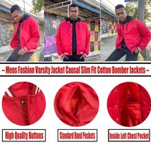 Men Solid Varsity Bomber Jacket Waterproof Fall Winter Summer Lightweight All Season Striped Trim Slant Pockets Baseball Jacket Snap Button - Burgundy - View 8
