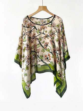 1 件女士沙滩配饰夏季印花蝙蝠袖上衣雪纺斗篷休闲宽松透明衬衫搭配花卉印花真丝围巾波西米亚风沙滩罩衫配饰女士