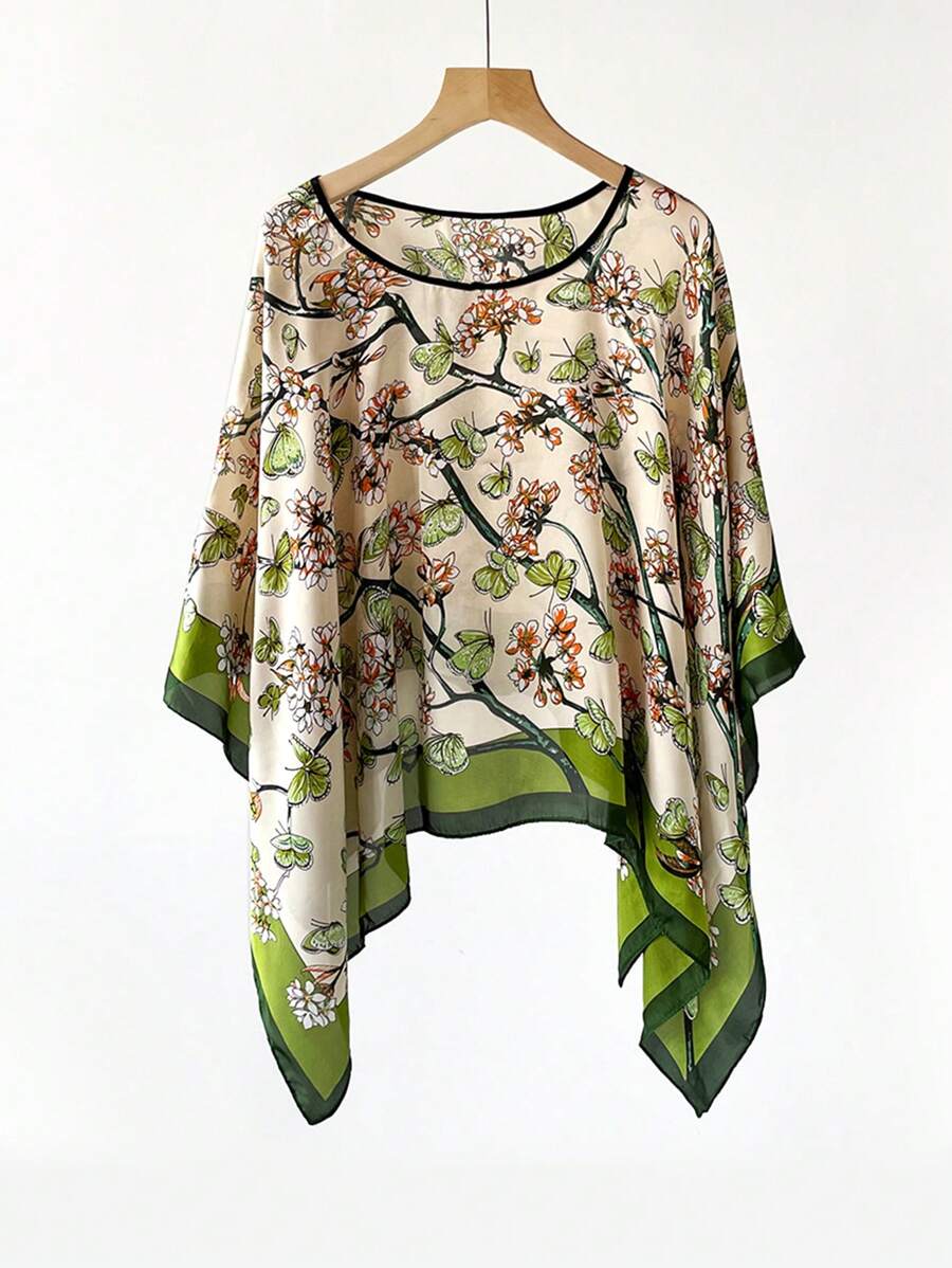 1 件女士沙滩配饰夏季印花蝙蝠袖上衣雪纺斗篷休闲宽松透明衬衫搭配花卉印花真丝围巾波西米亚风沙滩罩衫配饰女士 - 彩色 - 查看 1