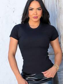 WOMEN'S RIBANA BLOUSE, SHORT SLEEVE AND BASIC ROUND NECK. - 黑色 - 查看 2