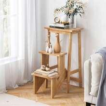 COSTWAY 3 Tier Folding Step Stool 3-In-1 Rubber Wood Ladder Storage Shelf Coffee/Brown/Natural - Natural - View 2