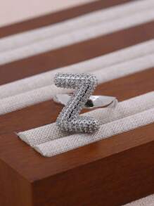 KEJIALAI 1pc New Luxury Big Exaggerated Hip-Hop Style A-Z 26 Letter Ring, Copper Micropavé CZ Plated Platinum Men Women Initial Name Letter Ring - Letter - View 20