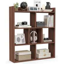Bibliothèque géométrique, étagère cubique avec 7 compartiments et étagères, étagère de rangement avec dos ouvert, étagère de séparation de pièce, étagère debout pour salon, bureau et bureau - Tabac - Voir 2