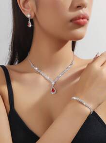 4/3pcs Women Simple Elegant Water Drop Pendant Necklace, Earrings, Bracelet Jewelry Set, Bridal Wedding Dress/Gown Accessory, Party/Daily Wear - Multicolor - View 17