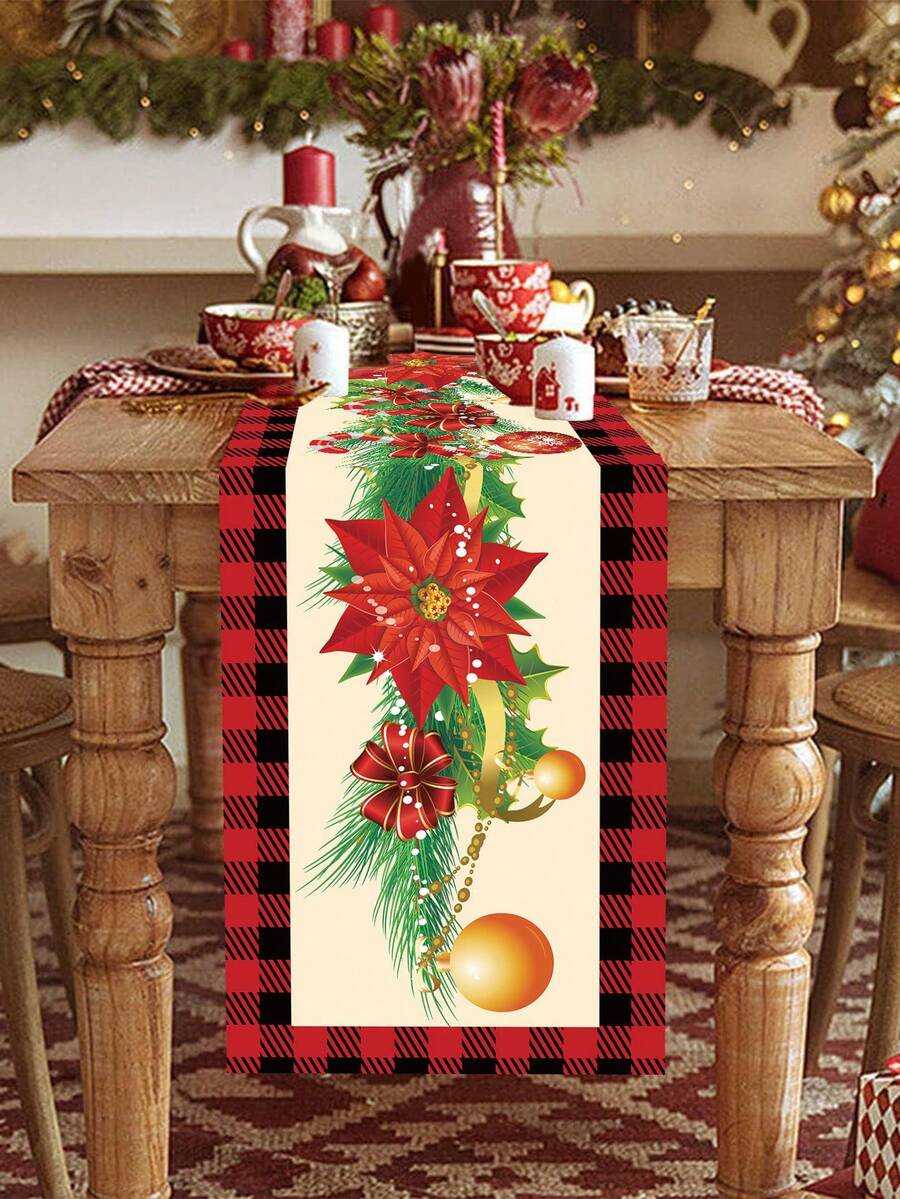 1 chiếc khăn trải bàn theo chủ đề Giáng sinh, thiết kế hoa và lá Giáng sinh, 35x180cm, trang trí giữa bàn, trang trí phòng khách nhà bếp tiệc họp mặt gia đình Giáng sinh, Halloween, trang trí Halloween - phong cách A - Xem 1