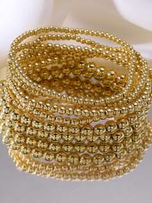 7 件/套时尚弹性塑料串珠手链，带圆珠，手工制作，适合春夏季 - 金色 - 查看 1