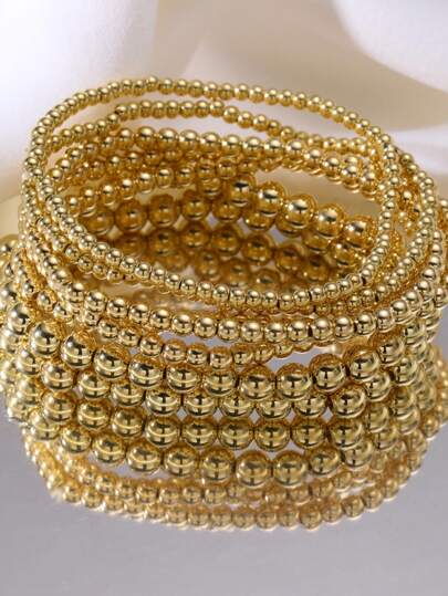 7pcs/Set Fashionable Elastic Plastic Beaded Bracelet With Round Beads, Handmade For Spring And Summer