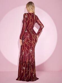 Sparkly Long Sleeve Elegant High-Quality Evening Gown - Burgundy - View 2