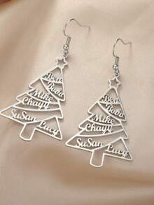 A Pair Of Stainless Steel Cut Christmas Tree Earrings Cut Personalized Custom Name Earrings Family Member Tree Shape Christmas Anniversary Gift Fashion Jewelry