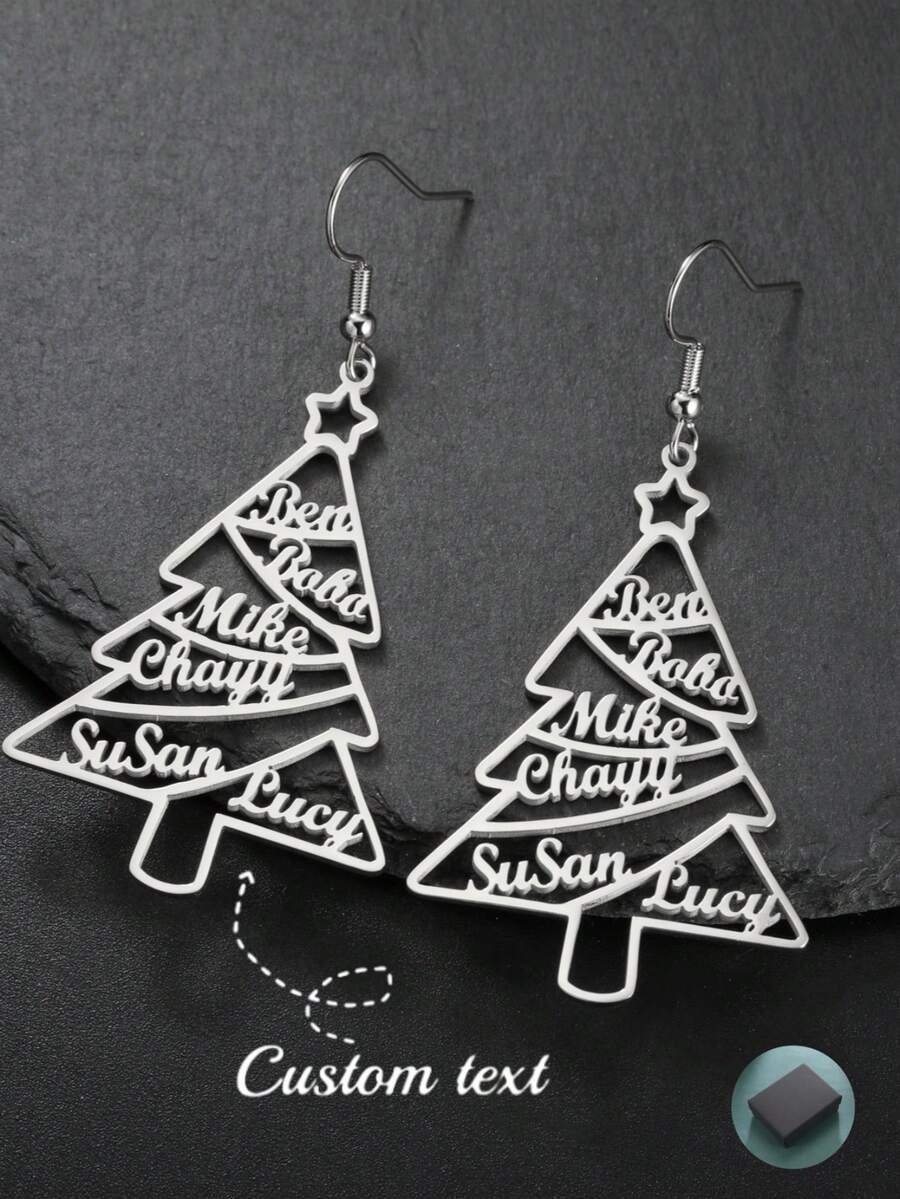 A Pair Of Stainless Steel Cut Christmas Tree Earrings Cut Personalized Custom Name Earrings Family Member Tree Shape Christmas Anniversary Gift Fashion Jewelry