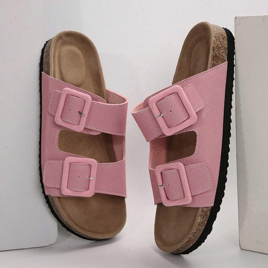 Stylish & Comfy Women's Open-Toe Cork Sandals: Double Row Adjustable Straps For Casual Outdoor Wear. - 粉色 - 查看 1
