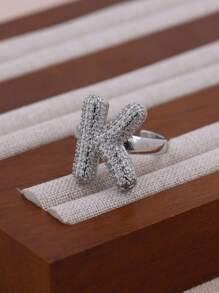KEJIALAI 1pc New Luxury Big Exaggerated Hip-Hop Style A-Z 26 Letter Ring, Copper Micropavé CZ Plated Platinum Men Women Initial Name Letter Ring - Letter - View 11