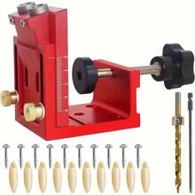 Bộ dụng cụ khoan lỗ bỏ túi chính xác - Hướng dẫn khoan góc 15° có thể điều chỉnh với ống thép bền, chuyển đổi số liệu/inch dễ dàng và kẹp vít an toàn cho chế biến gỗ Dụng cụ chế biến gỗ Lỗ bỏ túi - Đỏ - Xem 3