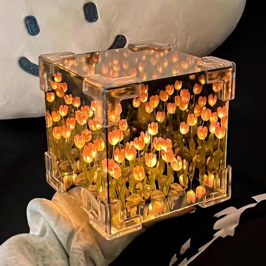 21 piezas Set de flores Tulipán Luz de noche, lámpara decorativa LED de noche para dormitorio, lámpara de mesa de flores de tulipán mágica DIY y espejo 2 en 1, regalos de cumpleaños para mujeres y niñas