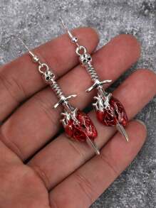 Sword Piercing Heart Earring Set, Vintage Gothic Style Skull Earrings For Halloween - Red - View 6