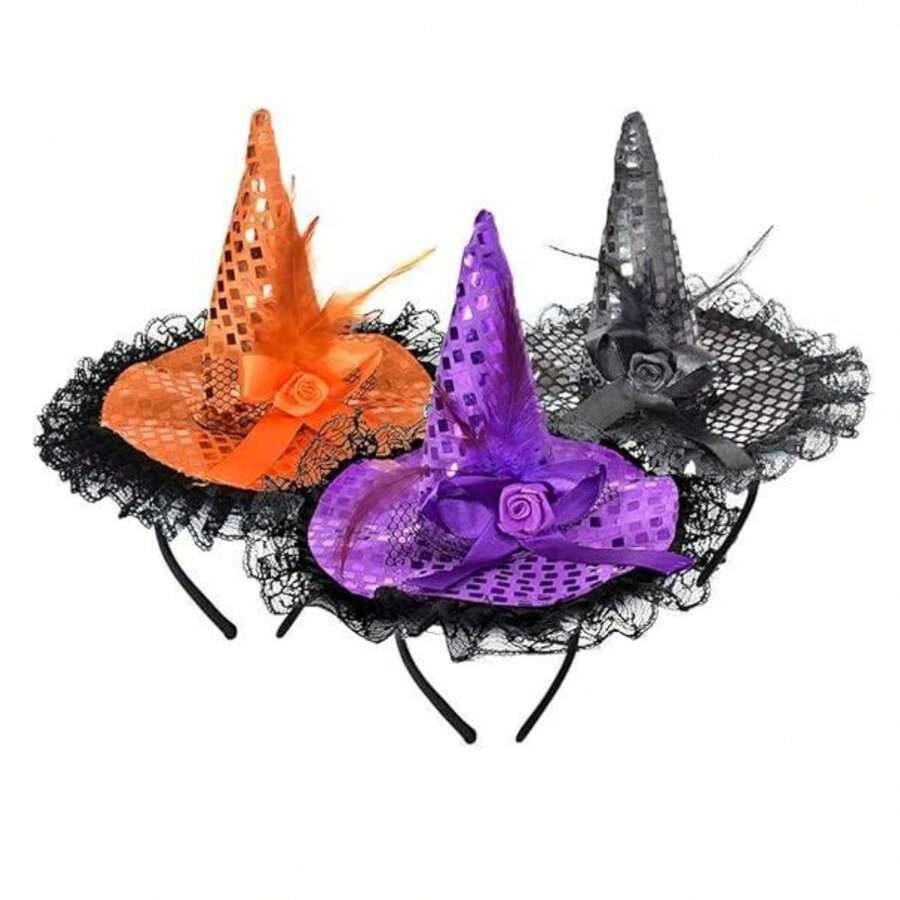 Halloween Decorations Witch Magic Party Hat Headband Masquerade Ball Performance Lace Sequin Hat Headband,Christmas