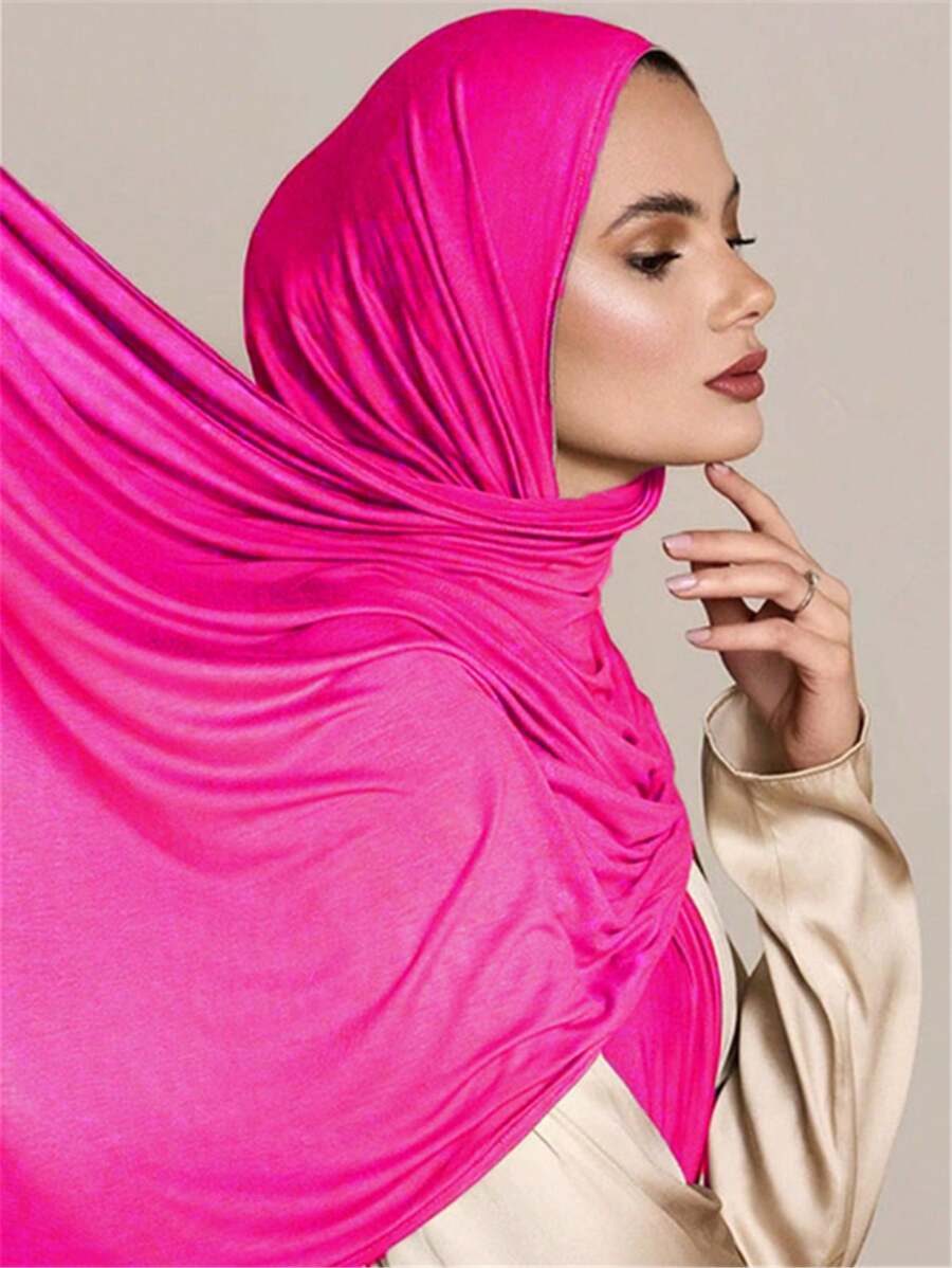 1pc Women Plus Size Knitted Headscarf/Shawl, Soft Casual Solid Color Headband, Scarf, Robe Accessory, Women Veil - Hot Pink - View 1