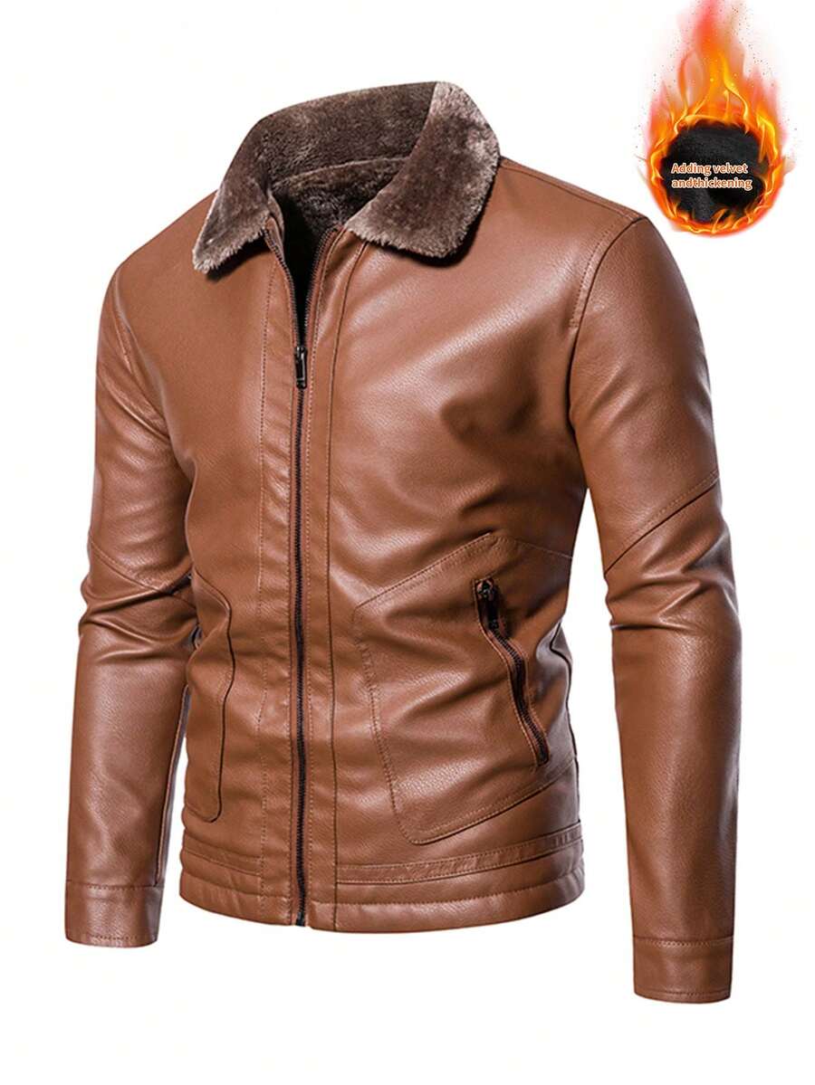 男士秋冬保暖保暖内衬皮夹克、防风防水外套 - 棕色 - 查看 1